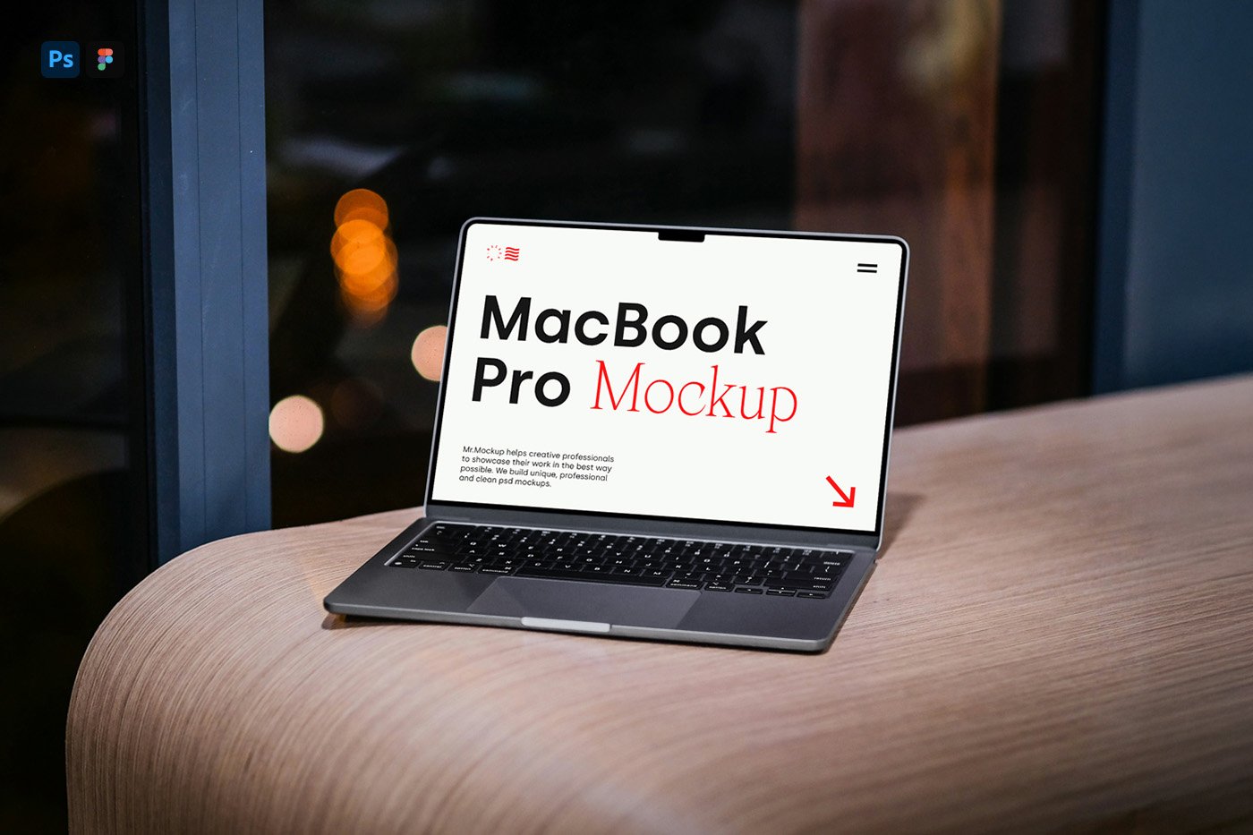 Free MacBook Pro Laying on Wood Mockup